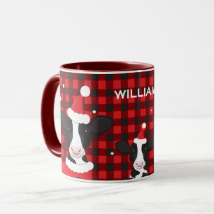 Kuh Santa Red Kariert Name Farm Weihnachten Tasse