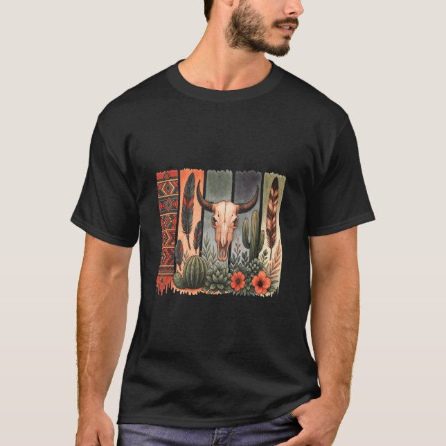 Kuh-Schädel mit Federn indianer T-Shirt (Vorderseite)
