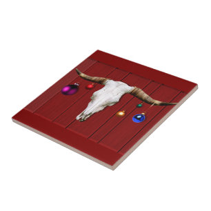 Kuh Schädel mit Weihnachtsschmuck auf Rotbarn Fliese