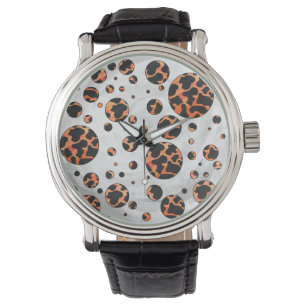 Kuh Schwarz und Orange Polka Dot Print Armbanduhr