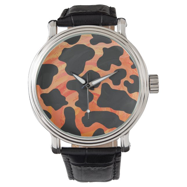 Kuh Schwarz und Orange Print Armbanduhr (Vorderseite)