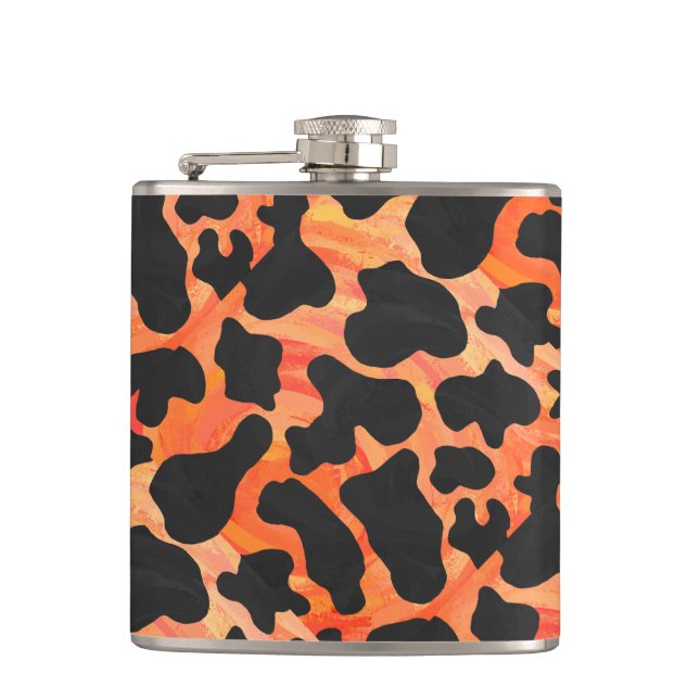 Kuh Schwarz und Orange Print Flachmann (Vorderseite)