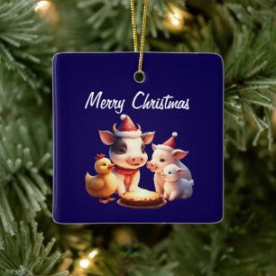 Kuh, Schwein, Lamm und Huhn Weihnachtsbaumschmuck Keramikornament
