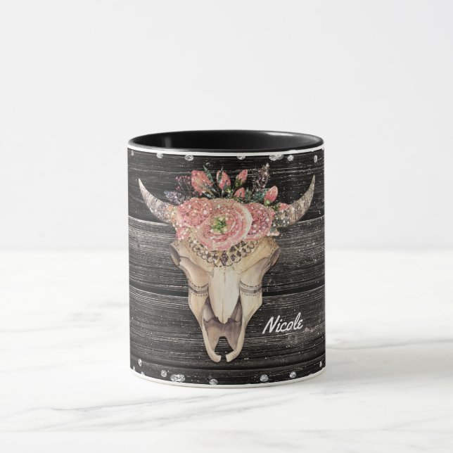 Kuh Skull Rustikaler Glitzer Glam Personalisiert B Tasse (Zentrum)