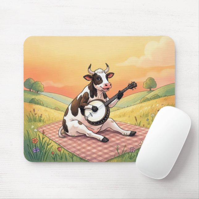 Kuh spielt Banjo auf einer Decke Mousepad (Mit Mouse)