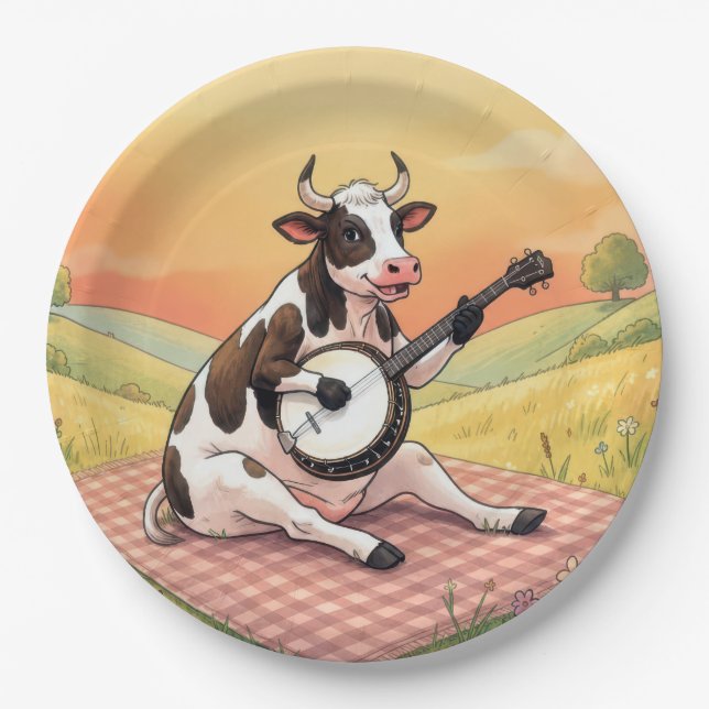 Kuh spielt Banjo auf einer Decke Pappteller (Vorderseite)