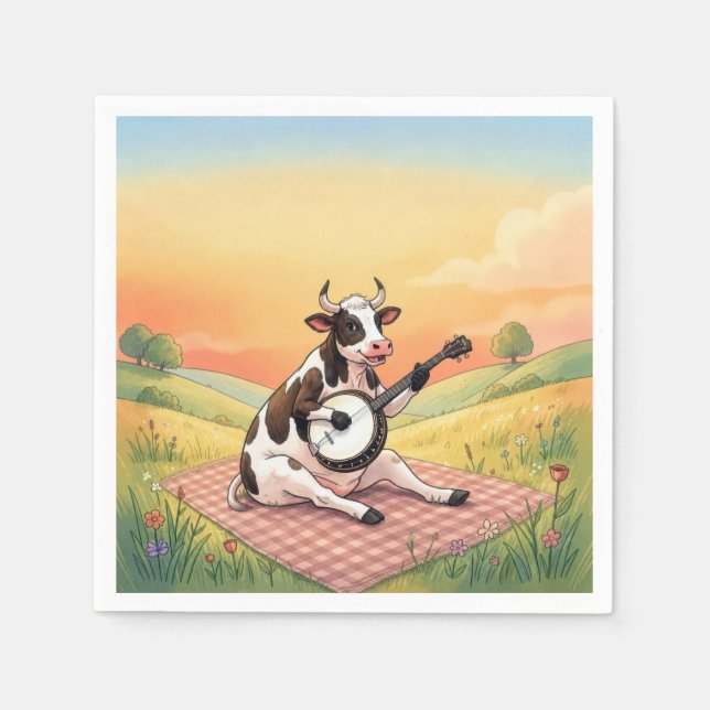Kuh spielt Banjo auf einer Decke Serviette (Vorderseite)