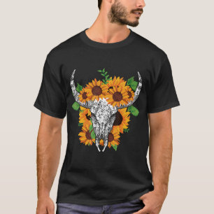 Kuh Stier Schädel Sonnenblume abgenutzt T-Shirt