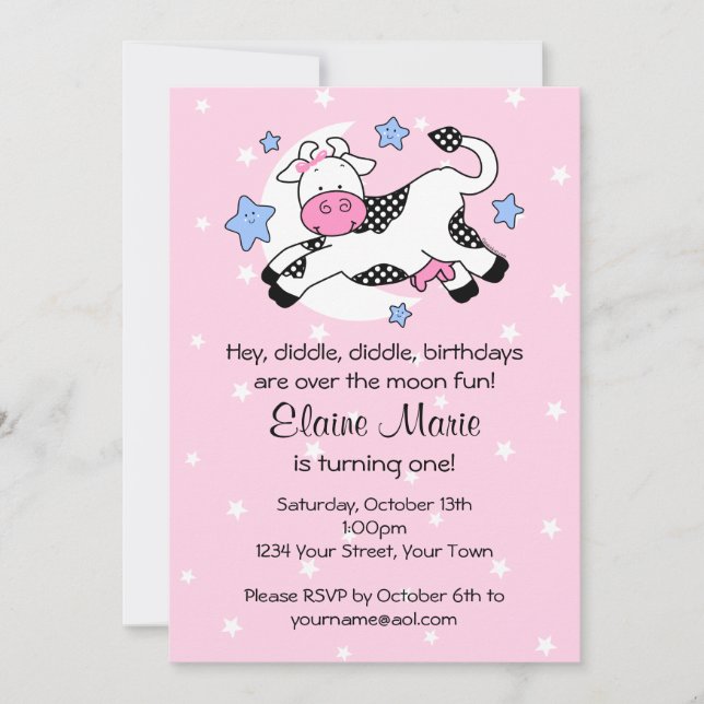 Kuh über Mond Baby Geburtstag Einladung (Vorderseite)