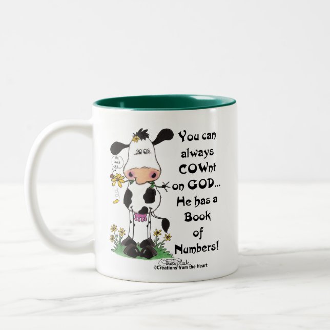 Kuh und Ladybug COWnt auf Gott Zweifarbige Tasse (Links)
