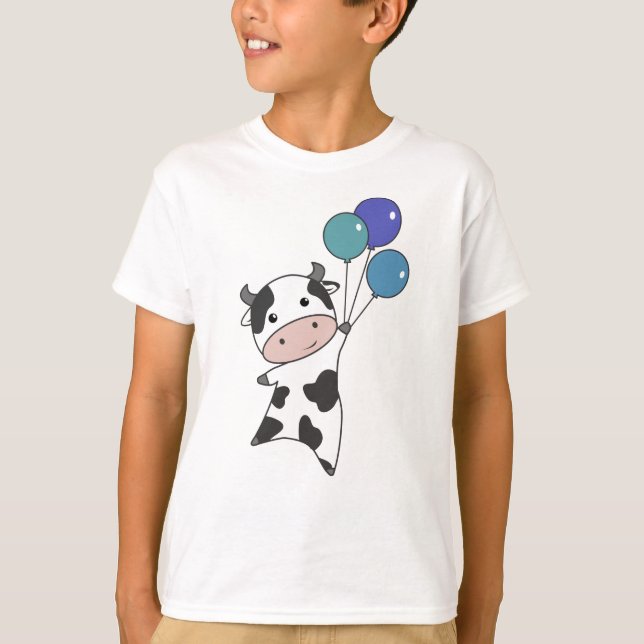 Kuhkalb Flies Balloons Niedliche Tiere T-Shirt (Vorderseite)