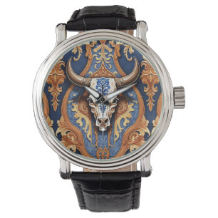 Kuhkopf westernliches getooltetes Leder Damast Armbanduhr