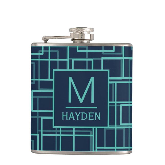 Kühle blaue geometrische Gittermuster-Monogramm-Fl Flachmann (Vorderseite)