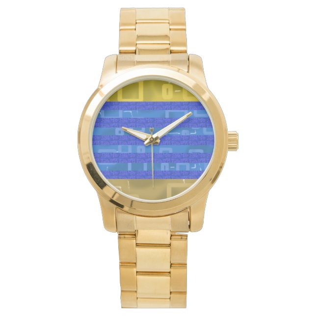 Kühle blaue goldene geometrische Streifen Armbanduhr (Vorderseite)