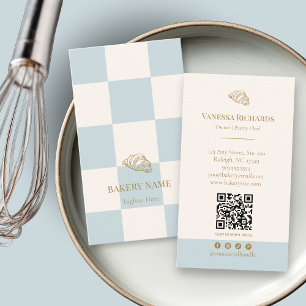 Kühle Blaue Karierte Café Croissant QR Bäckerei Visitenkarte
