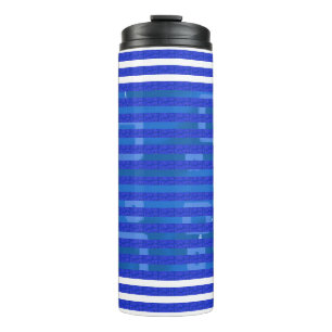 Kühle blaue weiße geometrische Streifen Thermosbecher