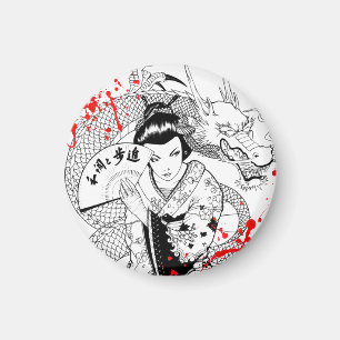 Kühle Blutspritzer-Geisha mit Fächer-Drachen-Tatto Magnet