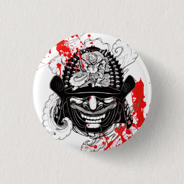Kühle Blutspritzer Samurai-Dämonenmasken-Helm-Tatt Button (Vorderseite)
