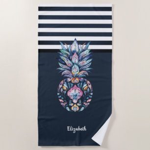 Kühle Bunte Ananas Navy Blau Gestreift Strandtuch