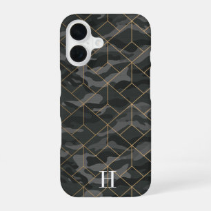 Kühle dunkle Olive Camo & Gold geometrisches Monog iPhone 16 Hülle
