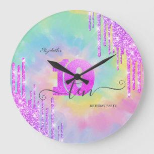 Kühle Glitter-Tropfen Tie Dye 10. Geburtstag Große Wanduhr