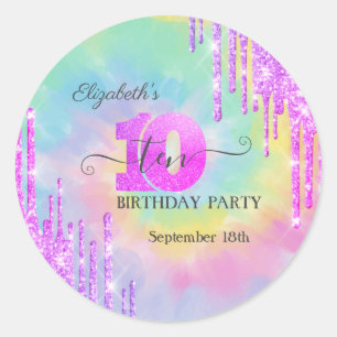 Kühle Glitter-Tropfen Tie Dye 10. Geburtstag Runder Aufkleber