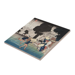Kühle japanische Vintage-Ukiyo-e-Regentagszene Fliese