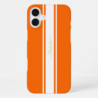 Kühle orange weiße Rennstreifen gold monogrammiert iPhone 16 Plus Hülle