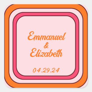 Kühle Retro-70er-Pink- und Orange-Hochzeit Quadratischer Aufkleber