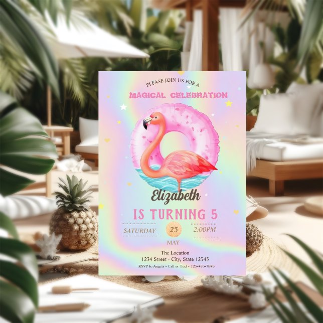 Kühle rosa Flamingos Pool Schwimmkörper Holografis Einladung (Von Creator hochgeladen)
