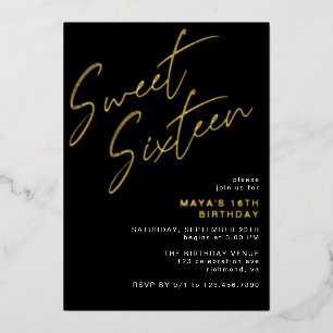 Kühle schwarze und goldene Sweet Sixteen Glam 16. Folieneinladung