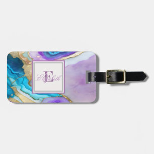 Kühle violette blaue Marmortextur, Monogramm Gepäckanhänger