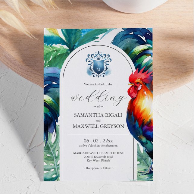 Kühle Wasserfarbe Schlüssel West Hochzeitseinladun Einladung (Bright and bold color wedding invitations feature rooster watercolor by Victoria Grigaliunas)