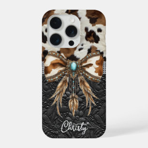 Kuhleder Schwarzes Leder Juwel Schleife iPhone 15 Pro Hülle