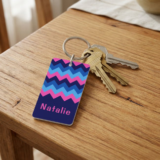 Kühler Blau Rosa Chevron Monogramm Rechteck Schlüs Schlüsselanhänger