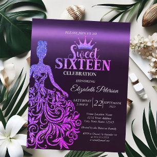 Kühler Glitter Bokeh, Kleid, Tiara, Lila Sweet 16 Einladung