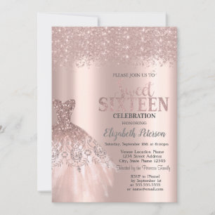 Kühler Glitterstaub, Kleid Roségold Sweet 16 Einladung