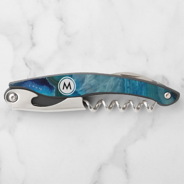 Kühles Blaues Achatmuster mit Monogramm Kellnermesser (Vorderseite)