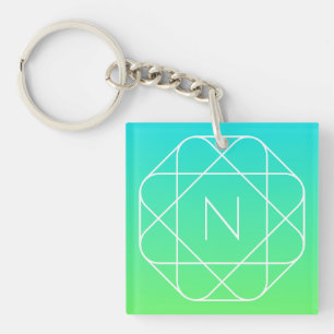 Kühles geometrisches Monogramm Blau und Limetten Schlüsselanhänger