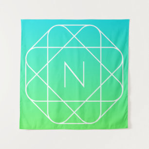Kühles geometrisches Monogramm Blau und Limetten Wandteppich