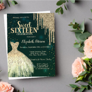 Kühles Gold Glitter Tropfen, Kleid Grün Sweet 16 Einladung