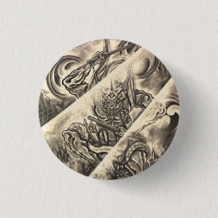 Kühles klassisches Vintage-Japan-Dämonentattoo mit Button