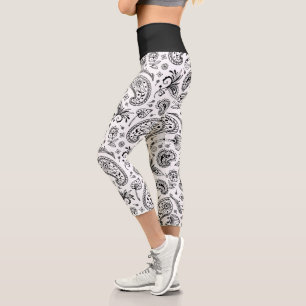 Kühles Schwarz-Weiß-Bandana Paisley Capri Leggings