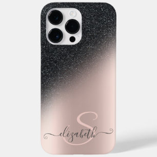 Kühles schwarzes Glitter-Ombre-Roségold-Monogramm Case-Mate iPhone 14 Pro Max Hülle