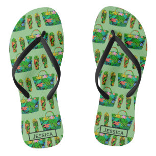 Kühles tropisches Zubehörmuster Grün Personalisier Flip Flops