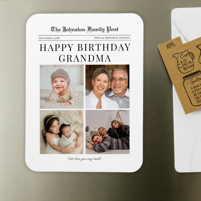 Kühlschrankmagnet Birthday Foto Collage für Oma Magnet (Large custom fridge magnet with your custom family photos in a newspaper style grandma birthday gift)