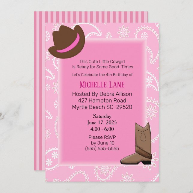 Kuhmädchen Stiefel und Hut Geburtstag Einladung (Vorne/Hinten)