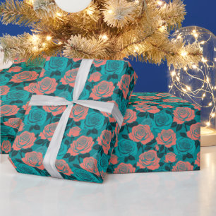 Kühn stilisierte Rosen in Teal- und Türkis-Tönen Geschenkpapier