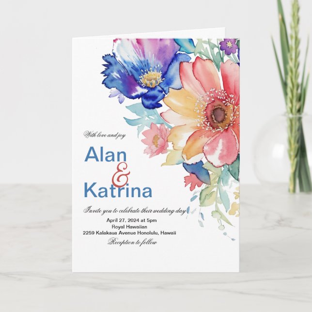 Kühne Aquarell-Blumenhochzeit Einladung (Vorderseite)