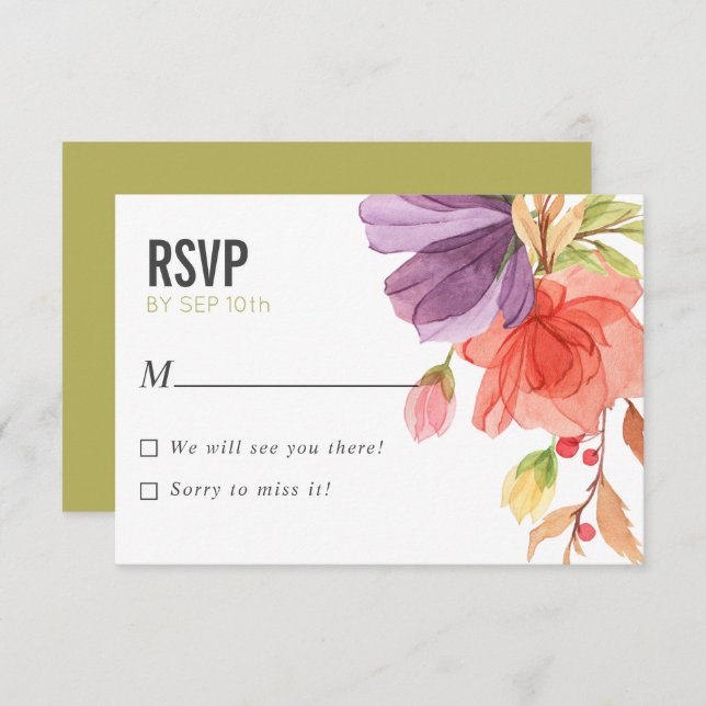 Kühne Aquarellfarben Wildblumen Grüne Hochzeit RSV Einladung (Vorne/Hinten)